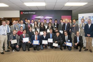 The first recipients! FuseNet students, certificates in hand, and organizers at the European tokamak JET on 27 September. (Click to view larger version...)